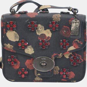 COACH FLORAL SATCHEL CROSS BODY BAG WITH RED CRYSTAL CLUSTER TO FRONT